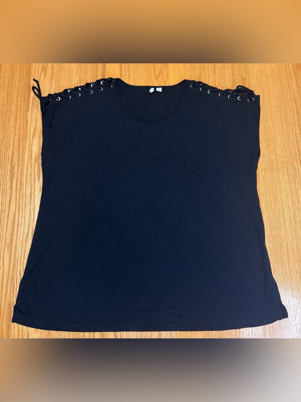 Women's Black Short Sleeve Tee with Lace-Up Shoulder Detail